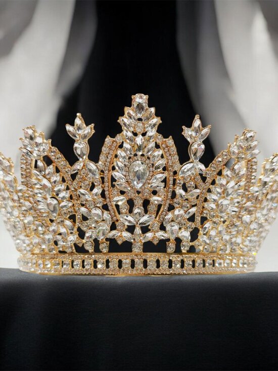 Gold Crystal Crown Tiara, Birthday Queen Crown, Quinceanera Crown, Prom Crown main image 8